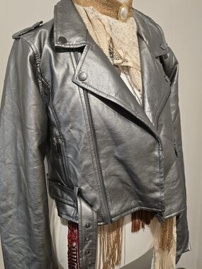 Ashley Outerwaer Metallic Silver Gunmetal Moto Jacket - Women Xl